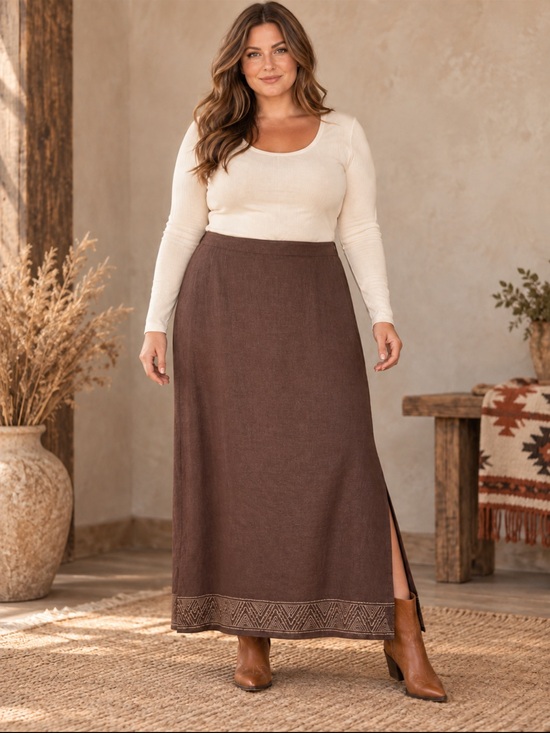 Cato Dresses & Skirts - Cato Woman Brown Linen Blend Embroidered Maxi Skirt Plus 18/20W